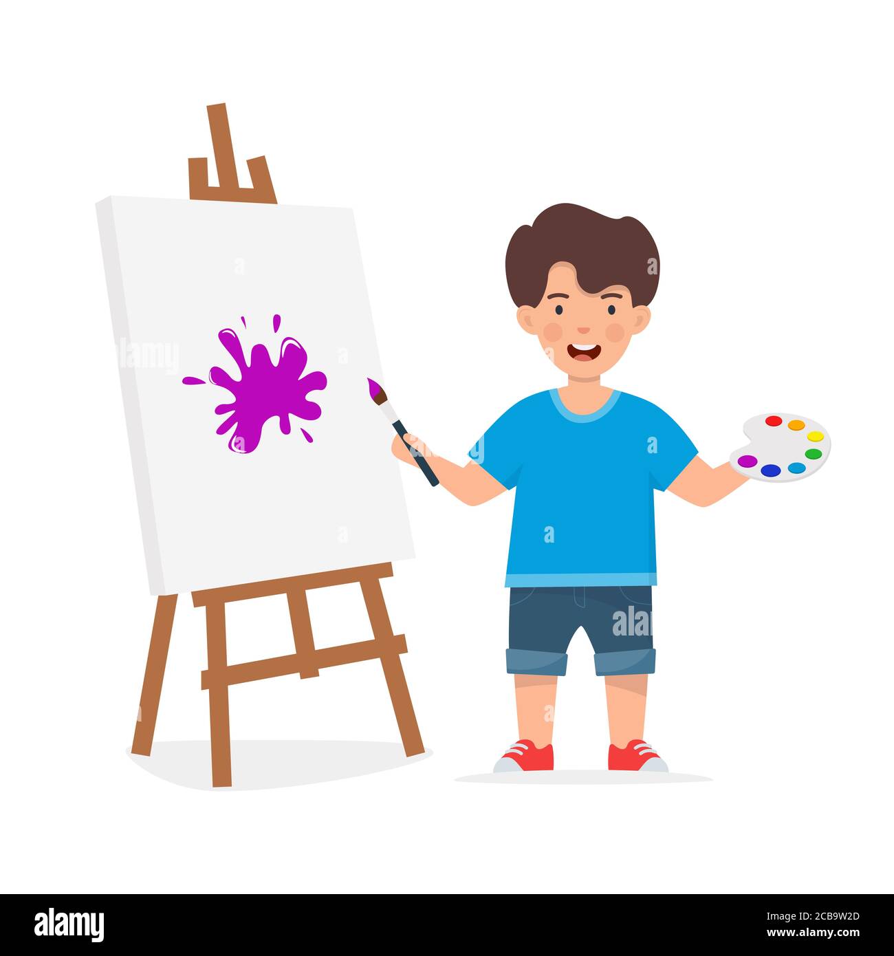 Happy Child Painting on Easel. Smiling Boy with brush and paints. Kids art center banner, flyer. Vector Illustration Stock Vector
