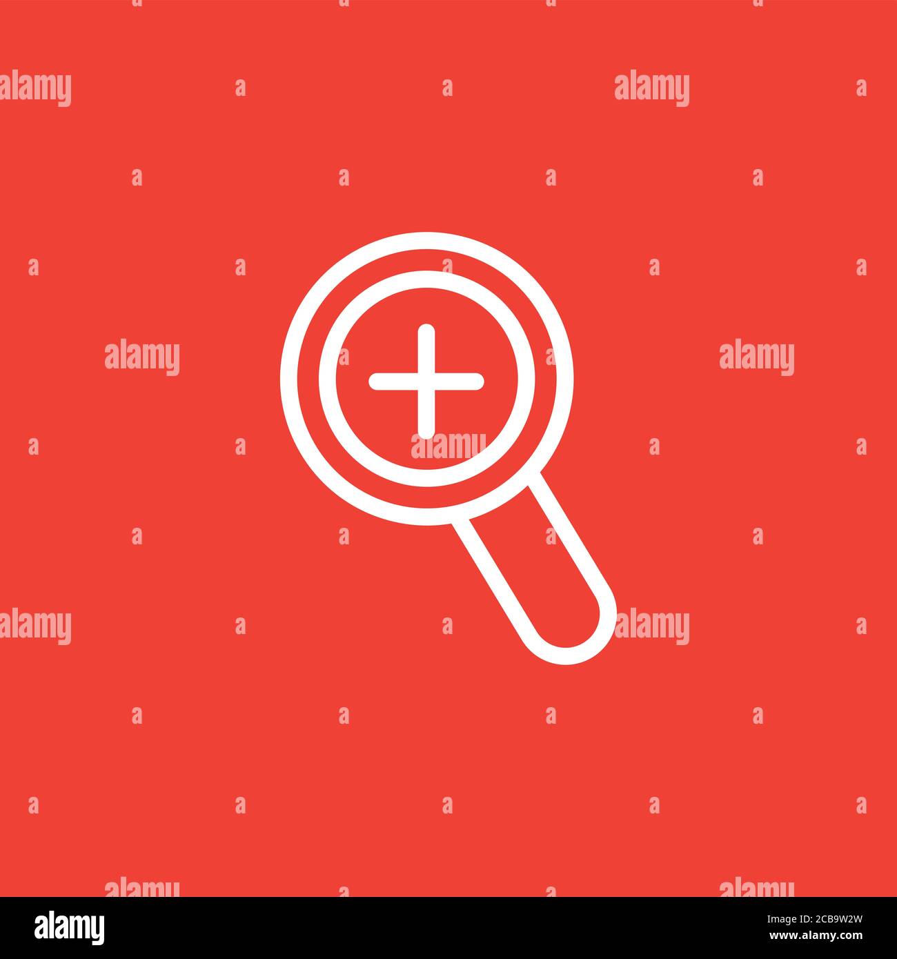 Magnifying Glass Plus Line Icon On Red Background. Red Flat Style