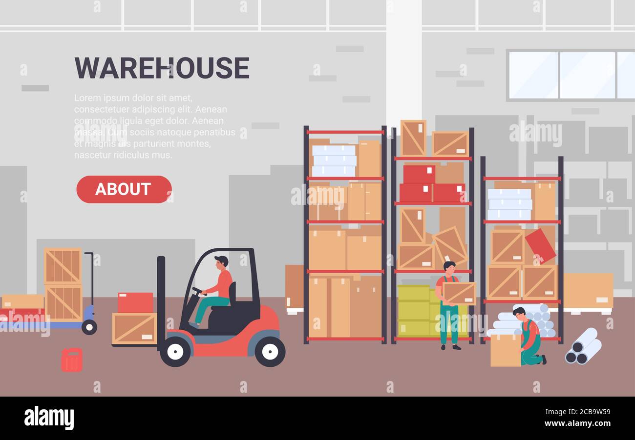 People work in warehouse vector illustration. Cartoon flat banner for warehousing company with workers characters packing goods pipes into packages, loading boxes using forklift loader background Stock Vector