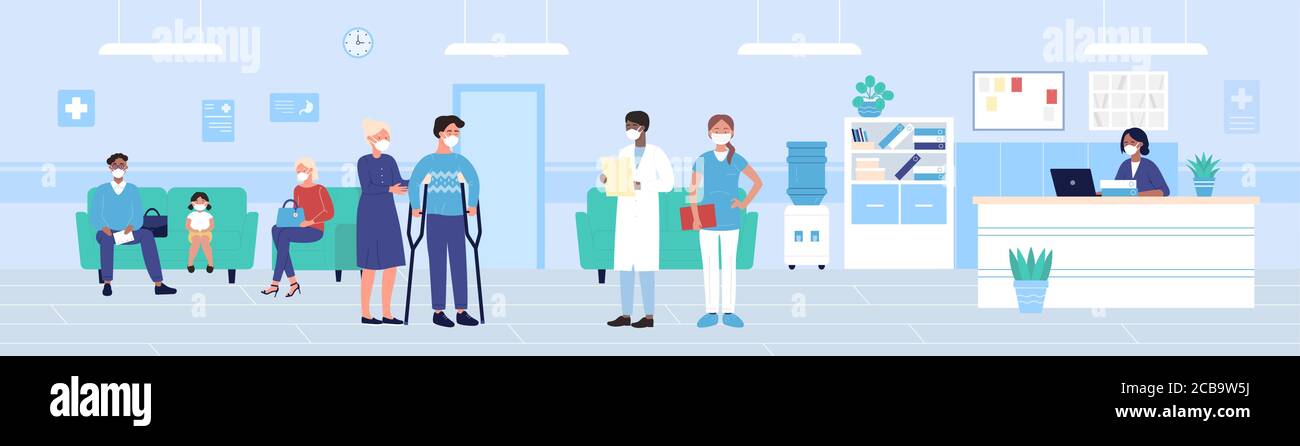 Hospital reception vector illustration. Cartoon flat people in protective masks waiting exam in hospital hall interior, disabled man patient on crutches standing next to doctors team background Stock Vector