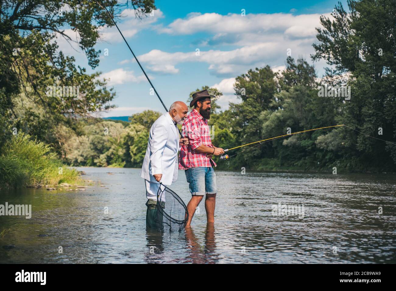 Fishermen fishing equipment. Friends gone fishing. Male hobby fun