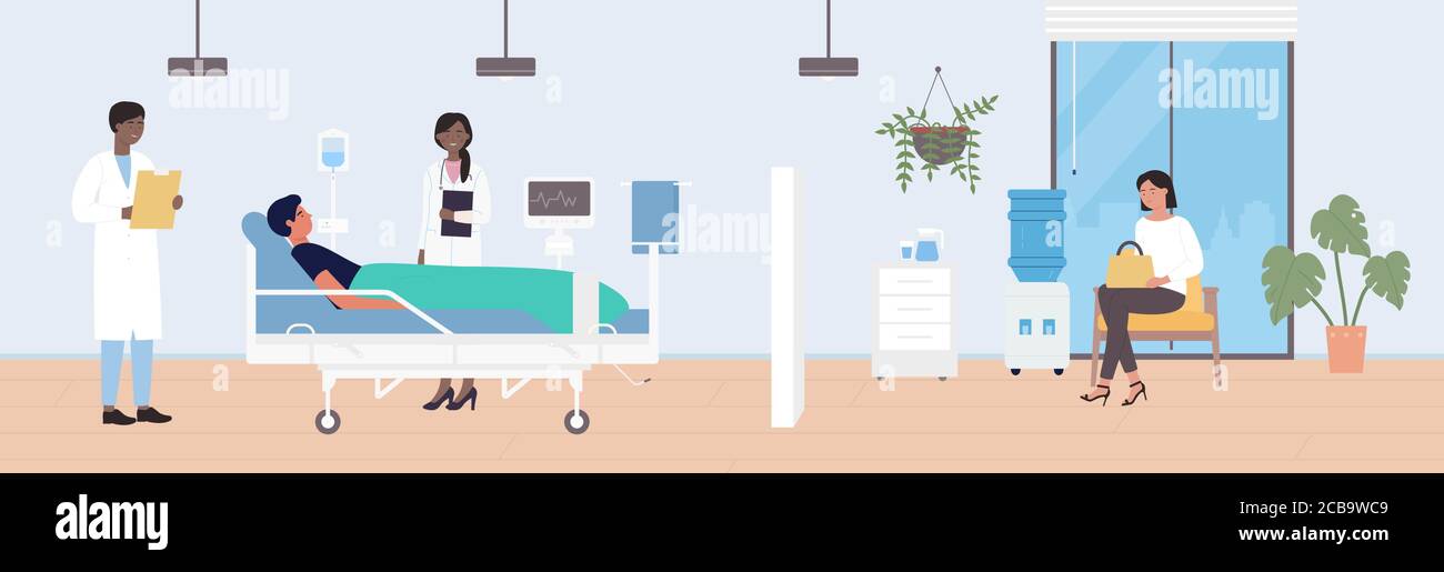 Hospital medical ward vector illustration. Cartoon flat sick hospitalized man character lying in ward bed, doctor and nurse visiting patient for diagnosis and treatment. Medicine healthcare background Stock Vector