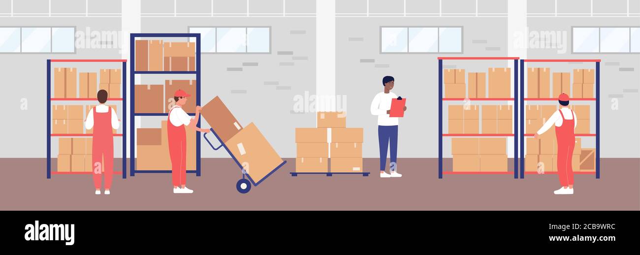 Warehouse control vector illustration. Cartoon flat manager character controlling work of storehouse workers people, loading boxes, packages or containers with goods on shelves in pallets background Stock Vector