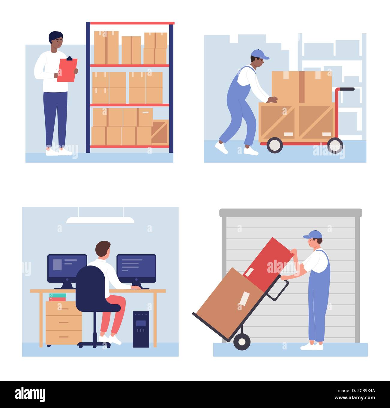 Warehouse loading boxes vector illustration set. Cartoon flat worker staff people work, load packages and containers, storage operator character controls loading warehousing process isolated on white Stock Vector