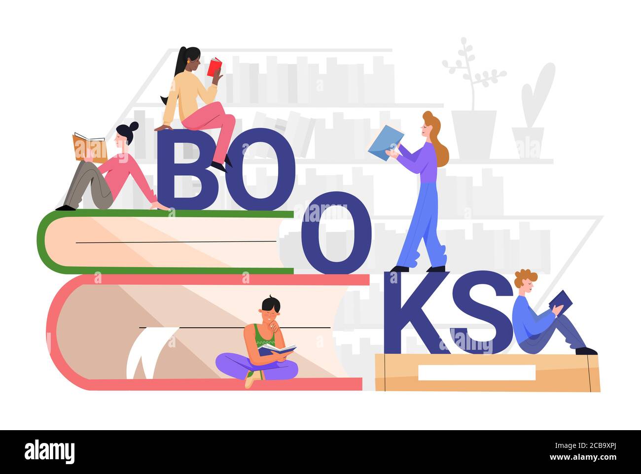 Read books concept vector illustration. Cartoon flat woman man booklover student people sitting on pile of books, young tiny characters reading science or adventure story literature isolated on white Stock Vector