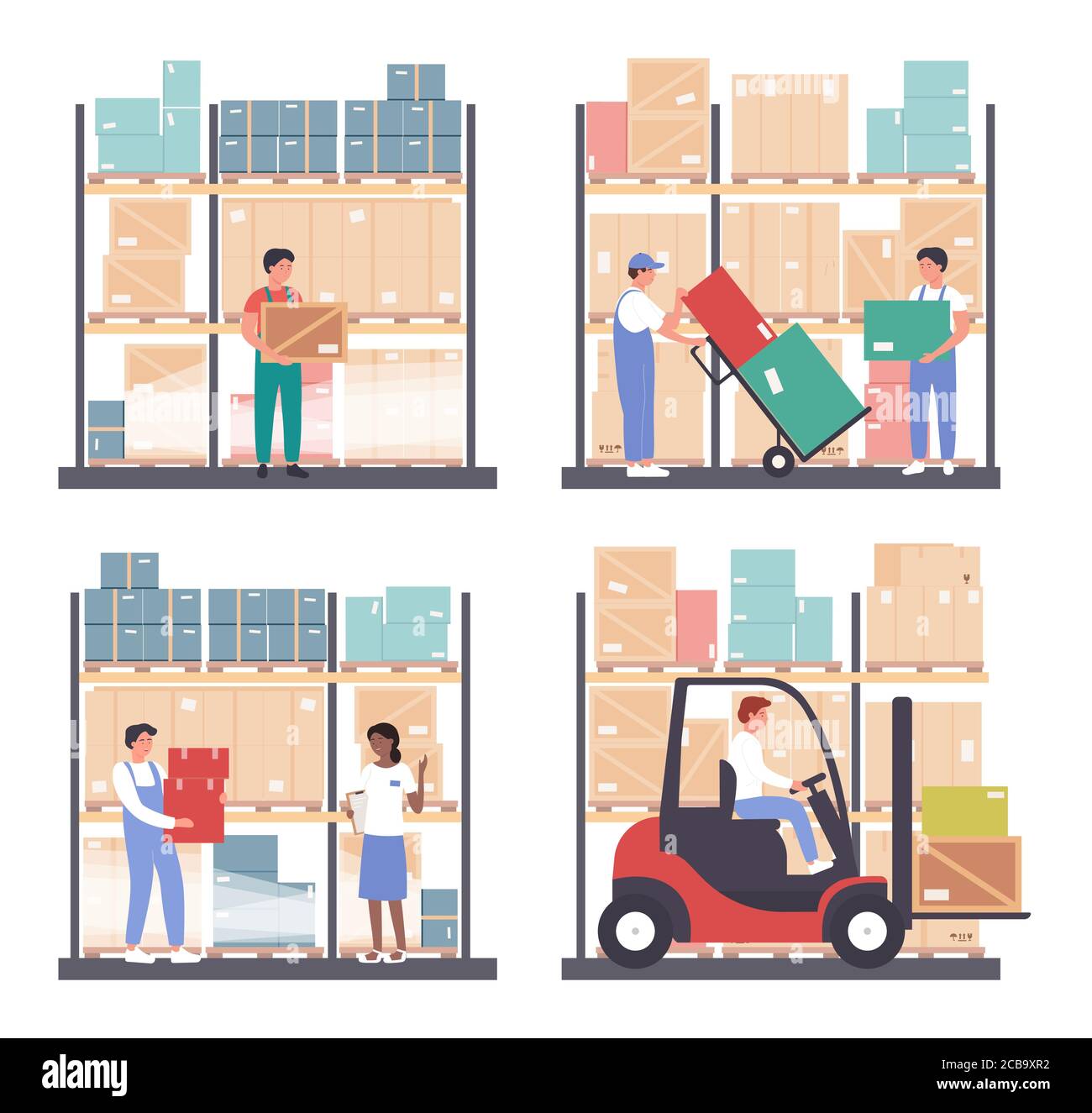 Warehouse logistics vector illustration set. Cartoon flat worker people work in wholesale stockroom of storehouse, carry boxes, transport and load packages with stock forklift loader isolated on white Stock Vector