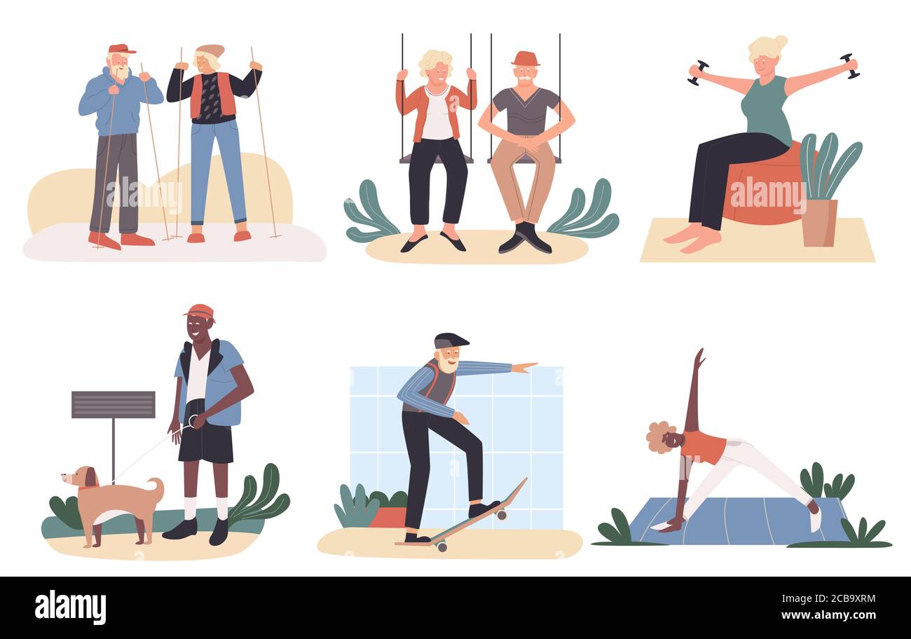 Active old people vector illustration set. Cartoon flat aged healthy lifestyle activity collection with sport yoga exercises, walking with senior friends or pet dog, skateboarding isolated on white Stock Vector