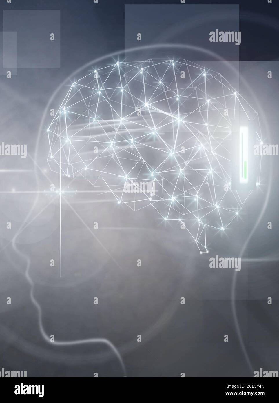 Robot hand reaching towards digitalized brain with implant Stock Photo