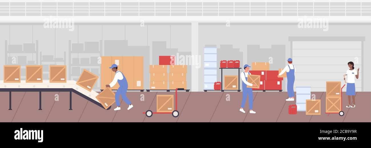 People worker working in warehouse vector illustration. Cartoon flat man woman characters unload boxes from conveyor line, control loading warehousing process, logistic service storage work background Stock Vector