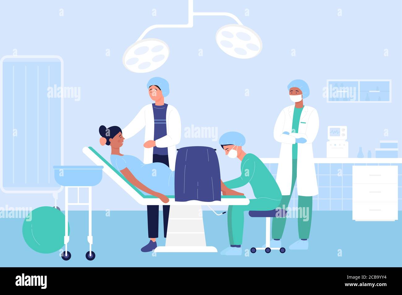 Childbirth in hospital flat vector illustration. Cartoon doctor characters examining pregnant woman patient in medical clinic perinatal centre before baby birth. Maternity hospital ward background Stock Vector