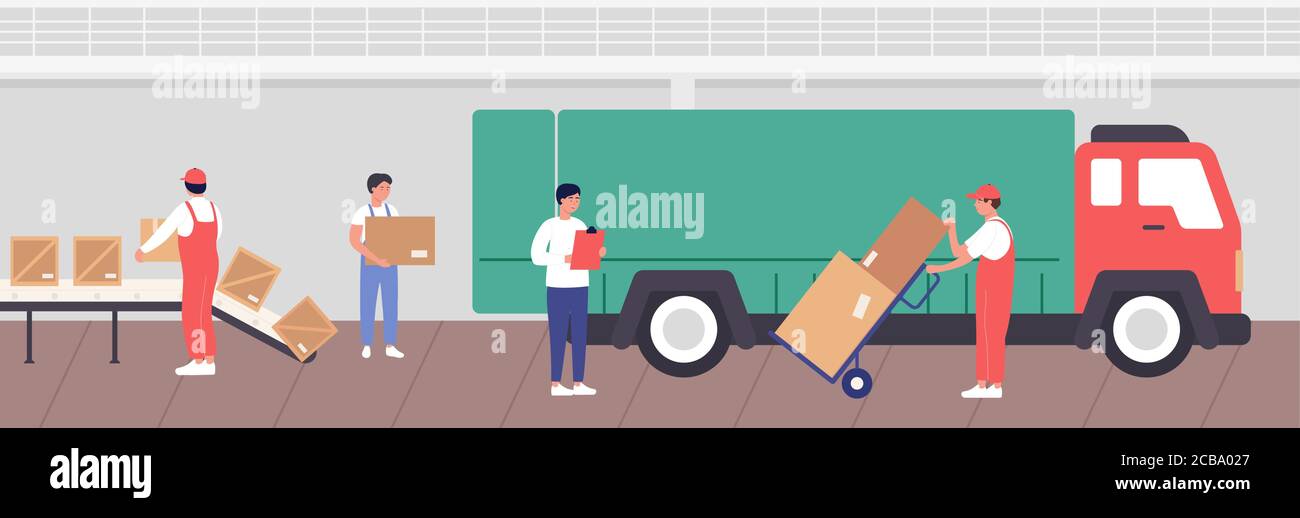 Warehouse loading process vector illustration. Cartoon flat worker people packaging goods into boxes for transportation by truck in storehouse stock room interior of warehousing company background Stock Vector