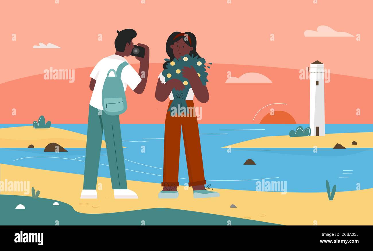People photographing nature sea landscape vector illustration. Cartoon flat lover couple tourist characters enjoying sunset, taking selfie photo of natural beach seascape with lighthouse background Stock Vector