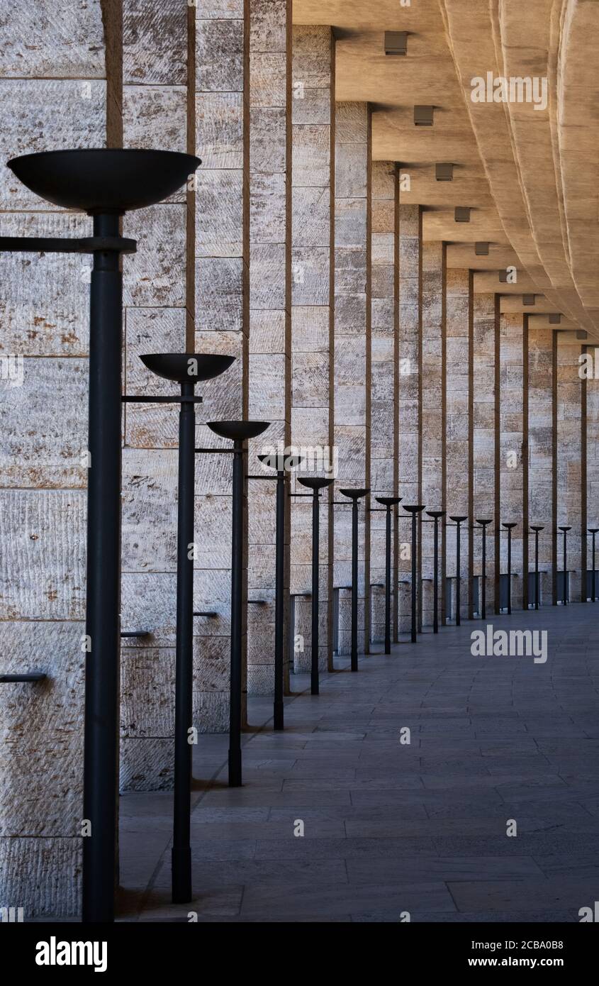 Classic Nazi architecture with line of pillars along corridor in Berlin Olympic Stadium Stock Photo