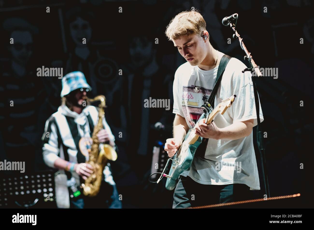 Sam Fender performs at the Virgin Money Unity Arena in Newcastle, at the world's first large scale socially distanced outdoor concert. The event was attended by 2500 fans, separated by enclosures holding up to 5 people. Stock Photo