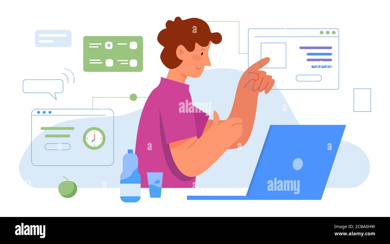 Multitask office work vector illustration. Cartoon flat busy businessman character working on many virtual business tasks. Multitasking concept, modern effective time management isolated on white Stock Vector
