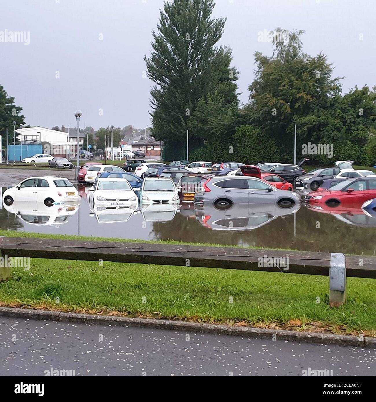 Flooding at Queen Victoria Hospital, in Kirkcaldy, Fife, Scotland. Thunderstorm warnings are still current for most of the UK on Wednesday, while high temperatures are forecast again for many parts of England. Stock Photo