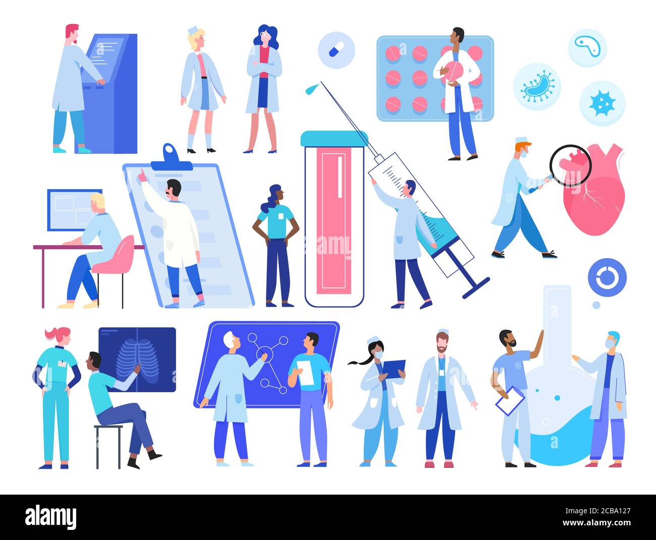 Doctor medic people work vector illustration set. Cartoon flat hospital worker staff characters working in clinic, tiny researcher scientists researching in science medicine laboratory collection Stock Vector