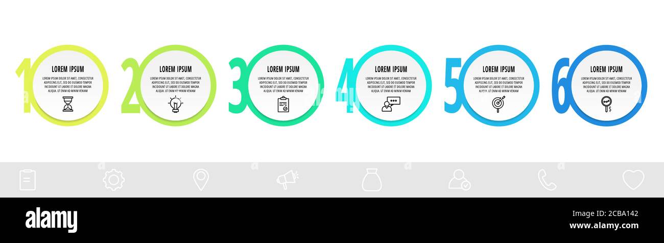 Infographics circles with 6 steps, icons. Flat line vector template ...