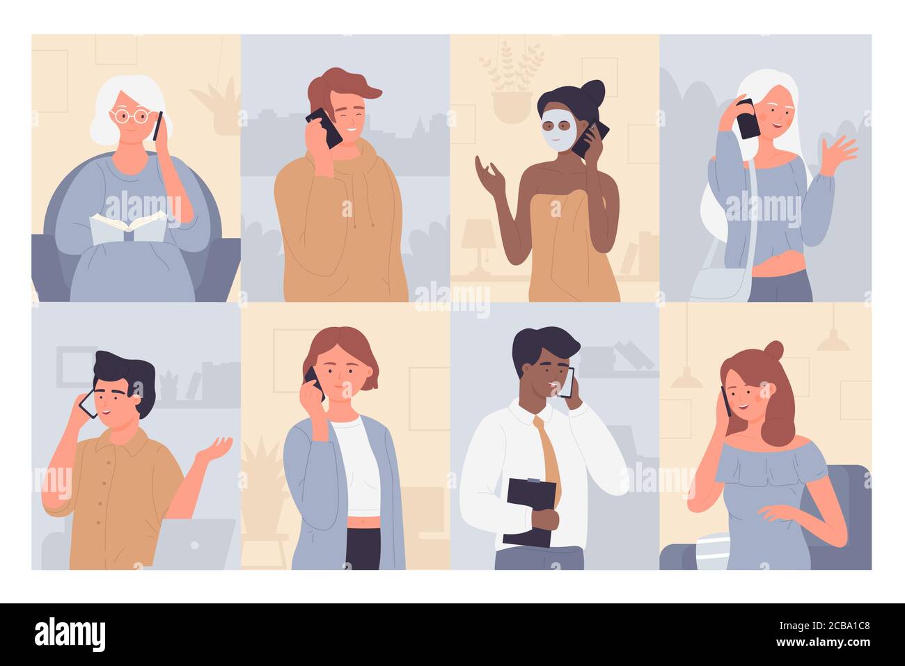 People talk on phone vector illustration set. Cartoon flat man woman characters talking with family, friends or business partner, cellphone conversation or mobile dialogue collection background Stock Vector