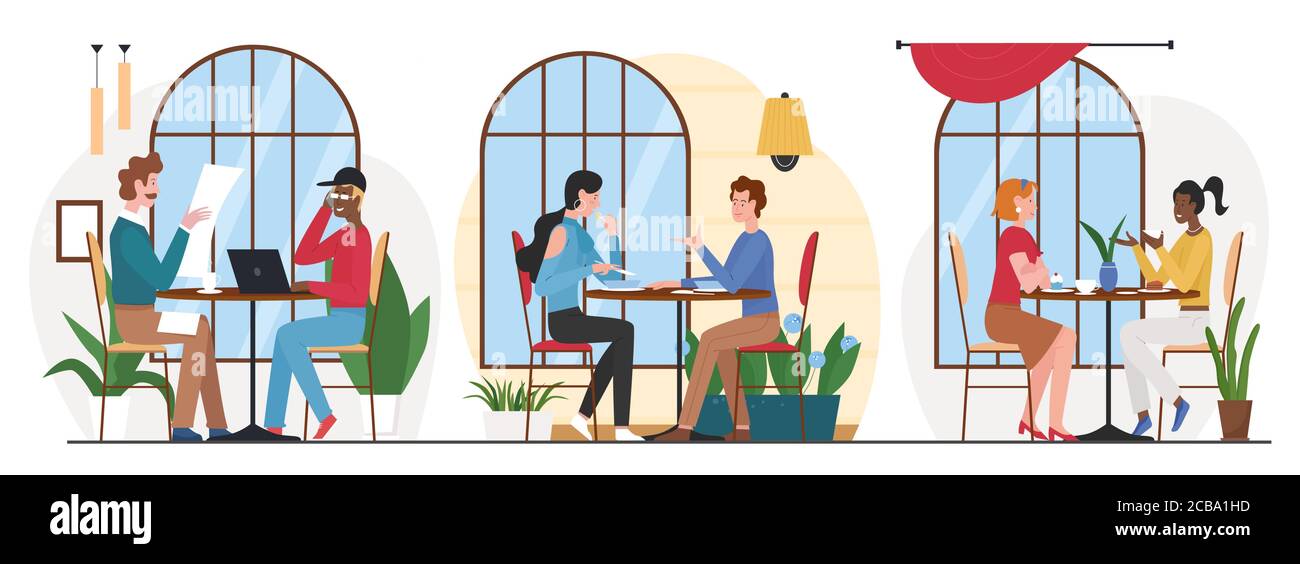People eat in cafe flat vector illustration. Cartoon friend characters  group eating lunch or dinner in