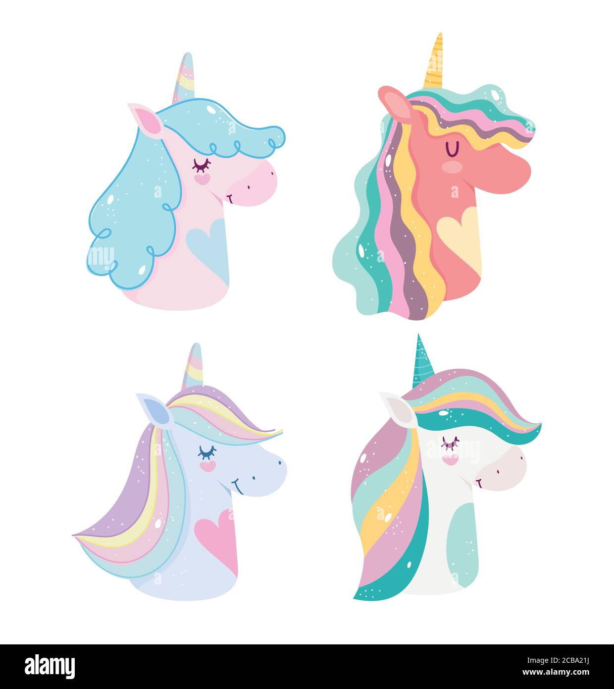 cute unicorns magic fantasy cartoon rainbow horns mane portrait icons ...