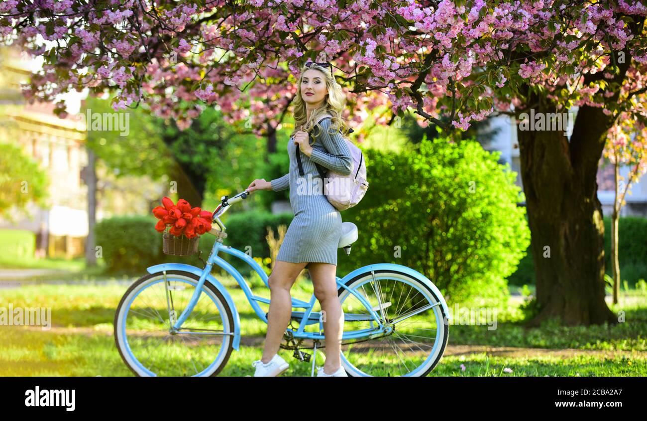Warm Day Romantic Girl Under Sakura Blossom Beautiful Spring Season Nature Cherry Tree Blooming Flowers Pink Blossoming Sakura Relax In Park Fashion And Beauty Woman Ride Vintage Bicycle Stock Photo Alamy