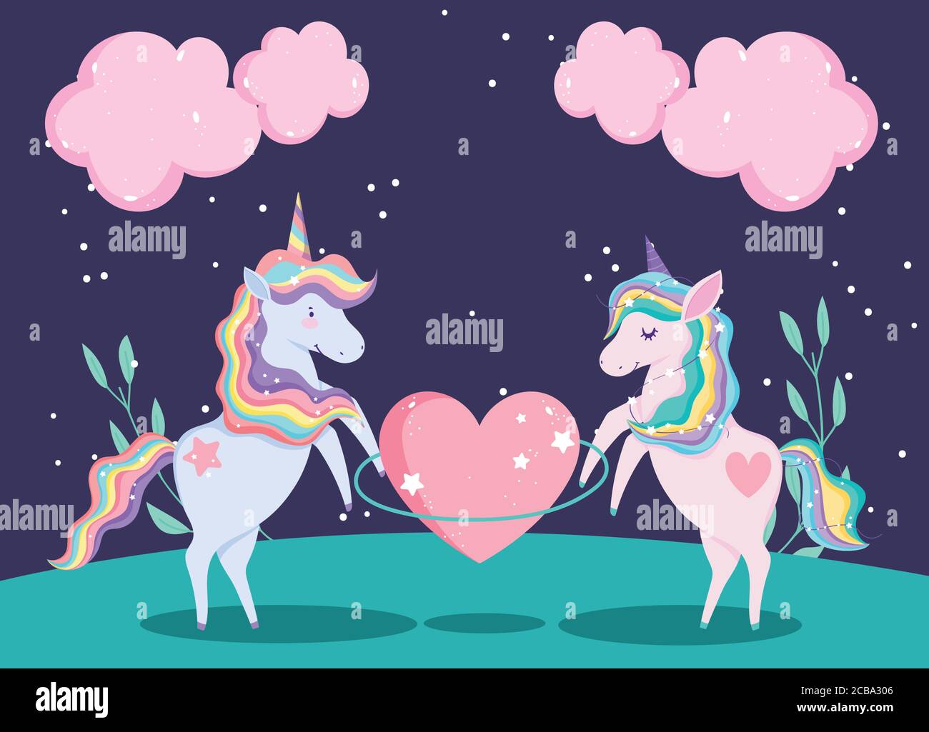 cute unicorns with huge heart and clouds foliage nature magic cartoon vector illustration Stock Vector