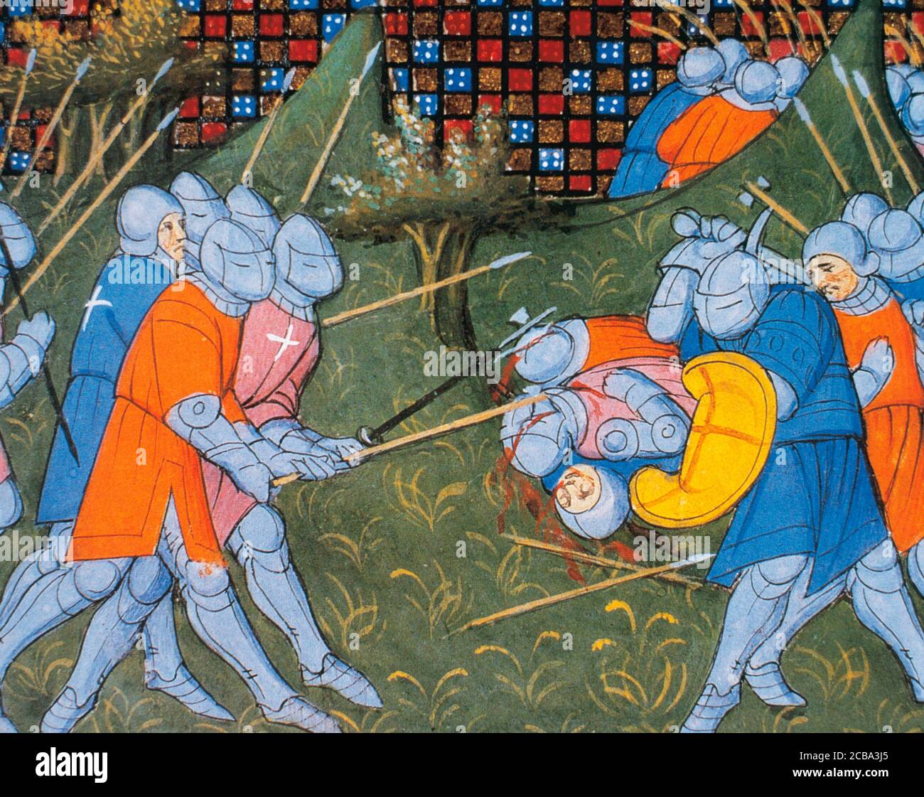 Hundred Years' War (1337-1453). Conflict between the Kingdom of England and the Kingdom of France to control the French throne. Bertrand du Guesclin (1320-1380), constable of France, fighting the English in support of the King Charles V of France (1338-1380). Miniature, 15th century. Conde Museum. Chateau of Chantilly. France. Stock Photo