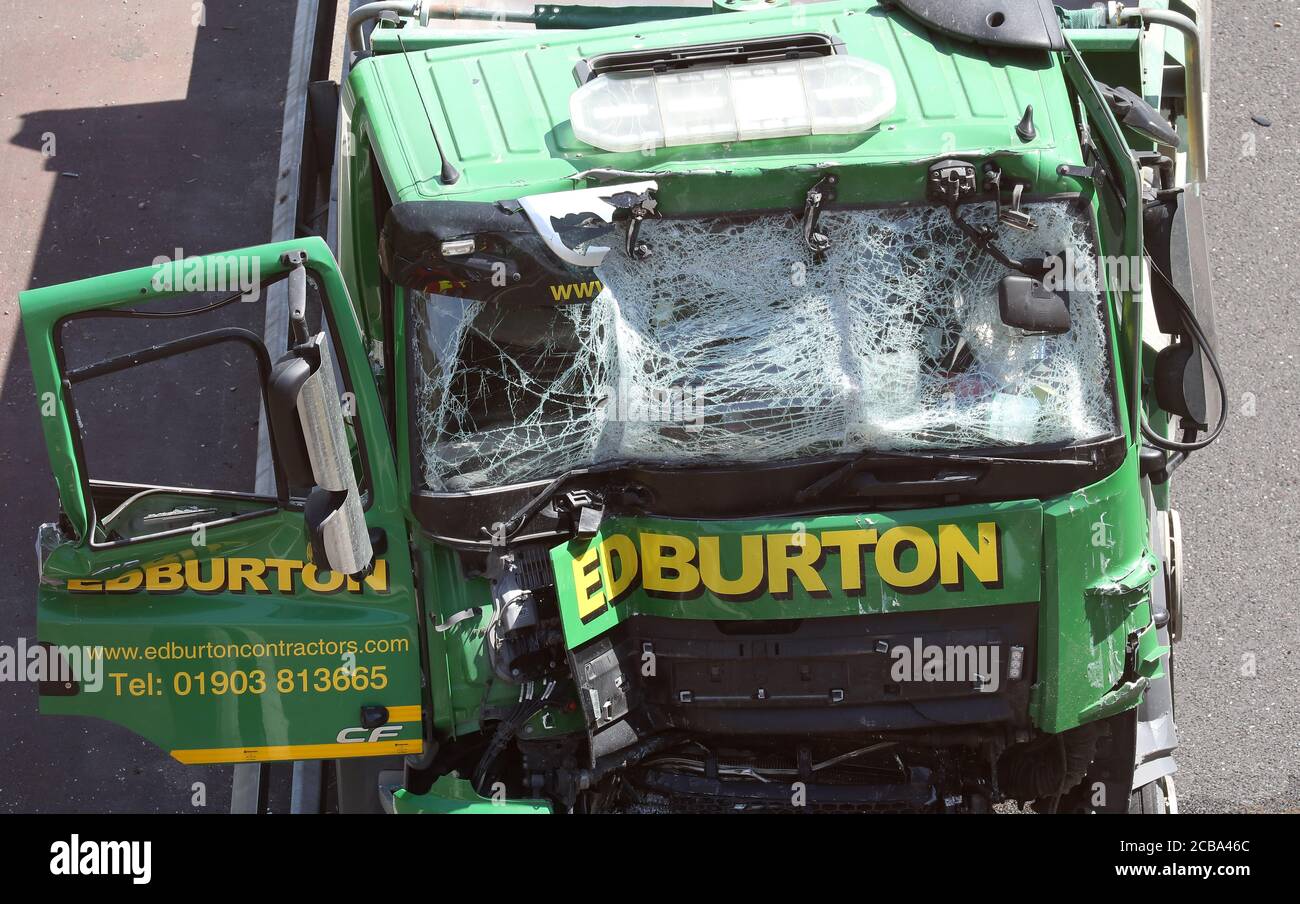 Edburton Lorry involved in a major road traffic collision involving a  HGV and a Geoamey Prisoner transport Vehicle on the A27 Lewes bypass Stock Photo
