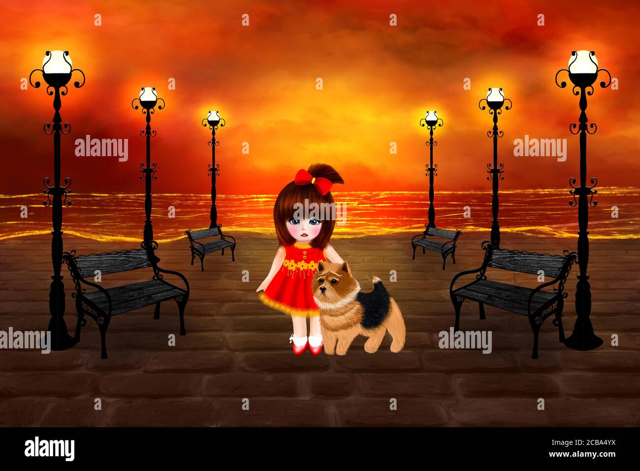 Little girl in a red dress walks with a dog along the evening embankment. Digital artwork. Stock Photo
