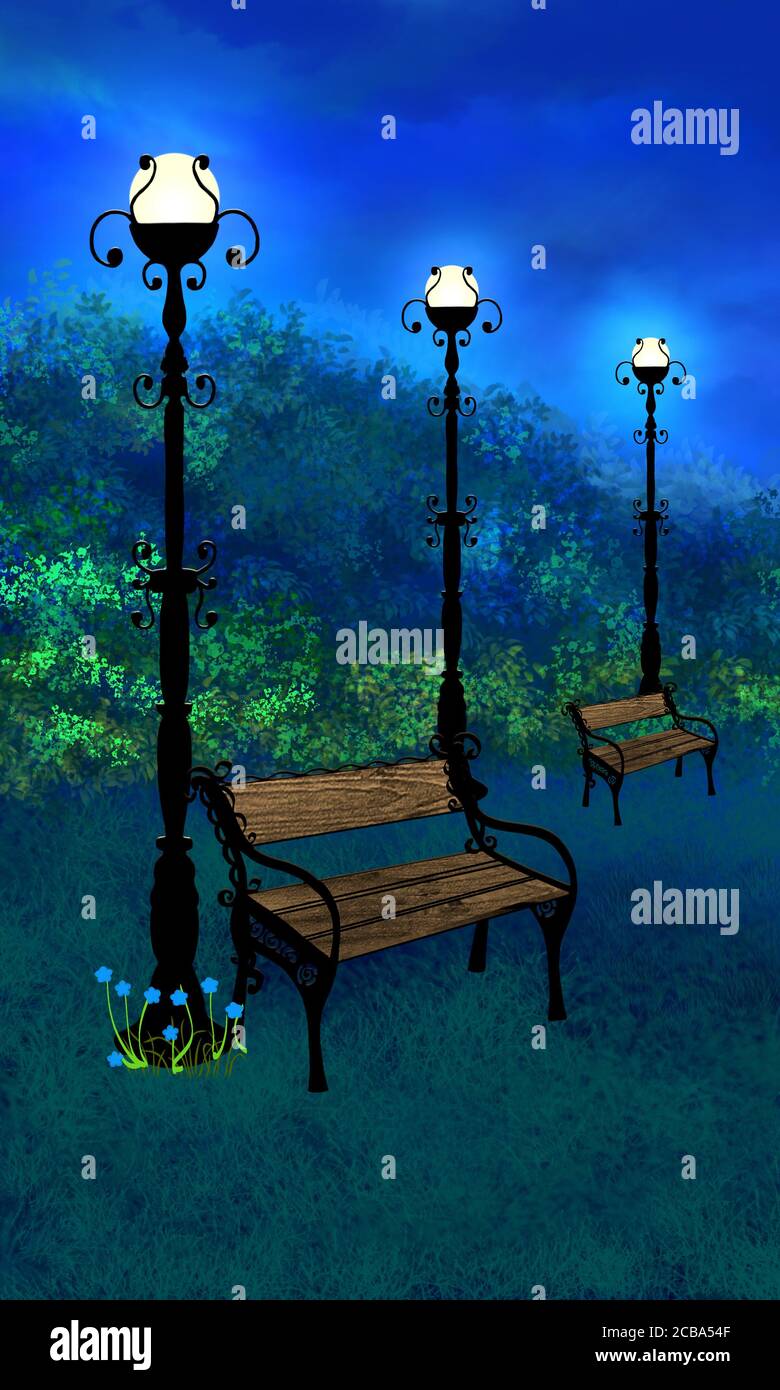 Two benches and night lights in the evening park. Vertical picture. Digital artwork. Stock Photo