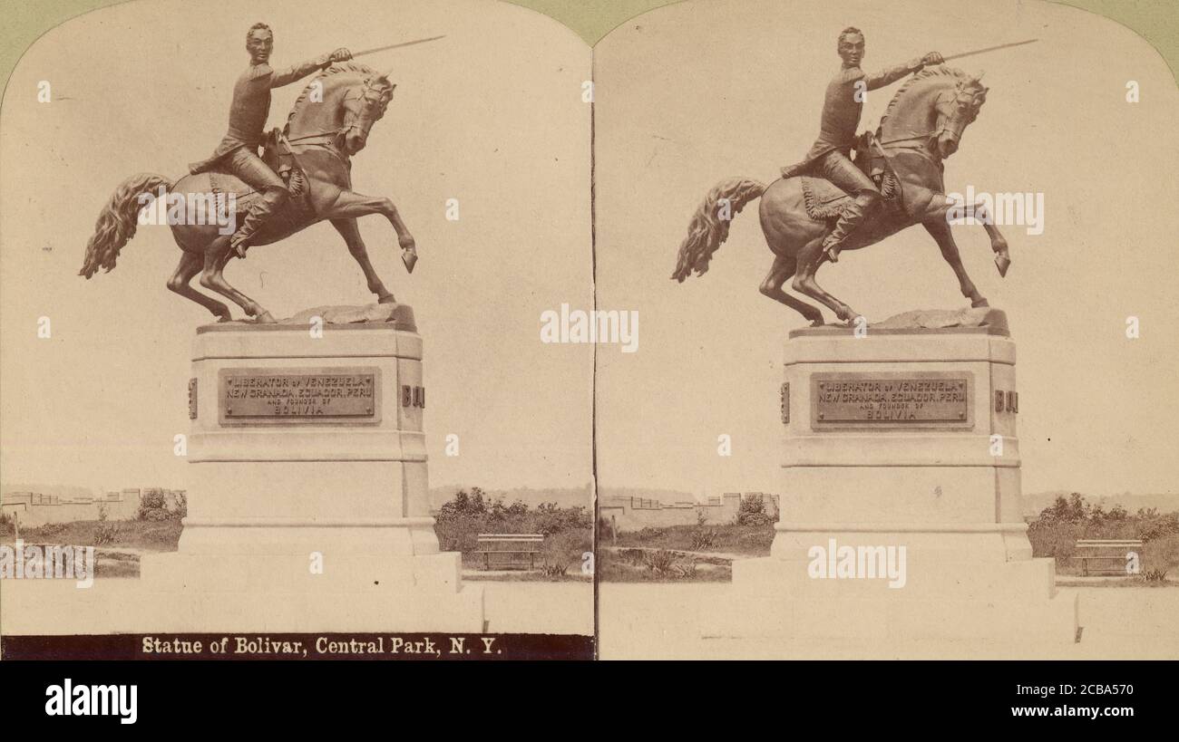 Stereographic View of Statue of Simon Bolivar by R. de la Cova, Central Park, New York, 1884-98. Stock Photo