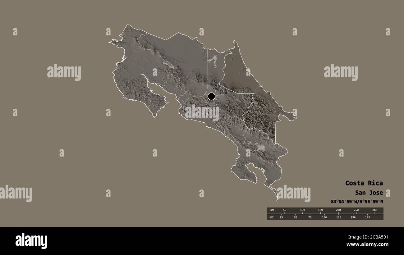 Desaturated shape of Costa Rica with its capital, main regional ...