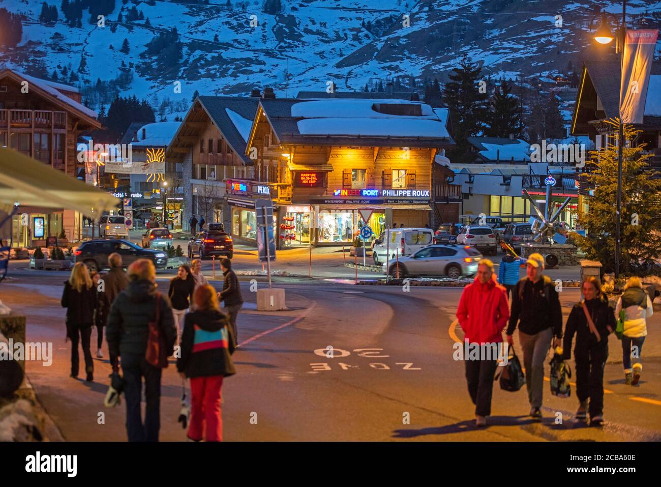 Night in the shopping centre of the ski resort of Verbier located in south-western Switzerland in the canton of Valais. Stock Photo