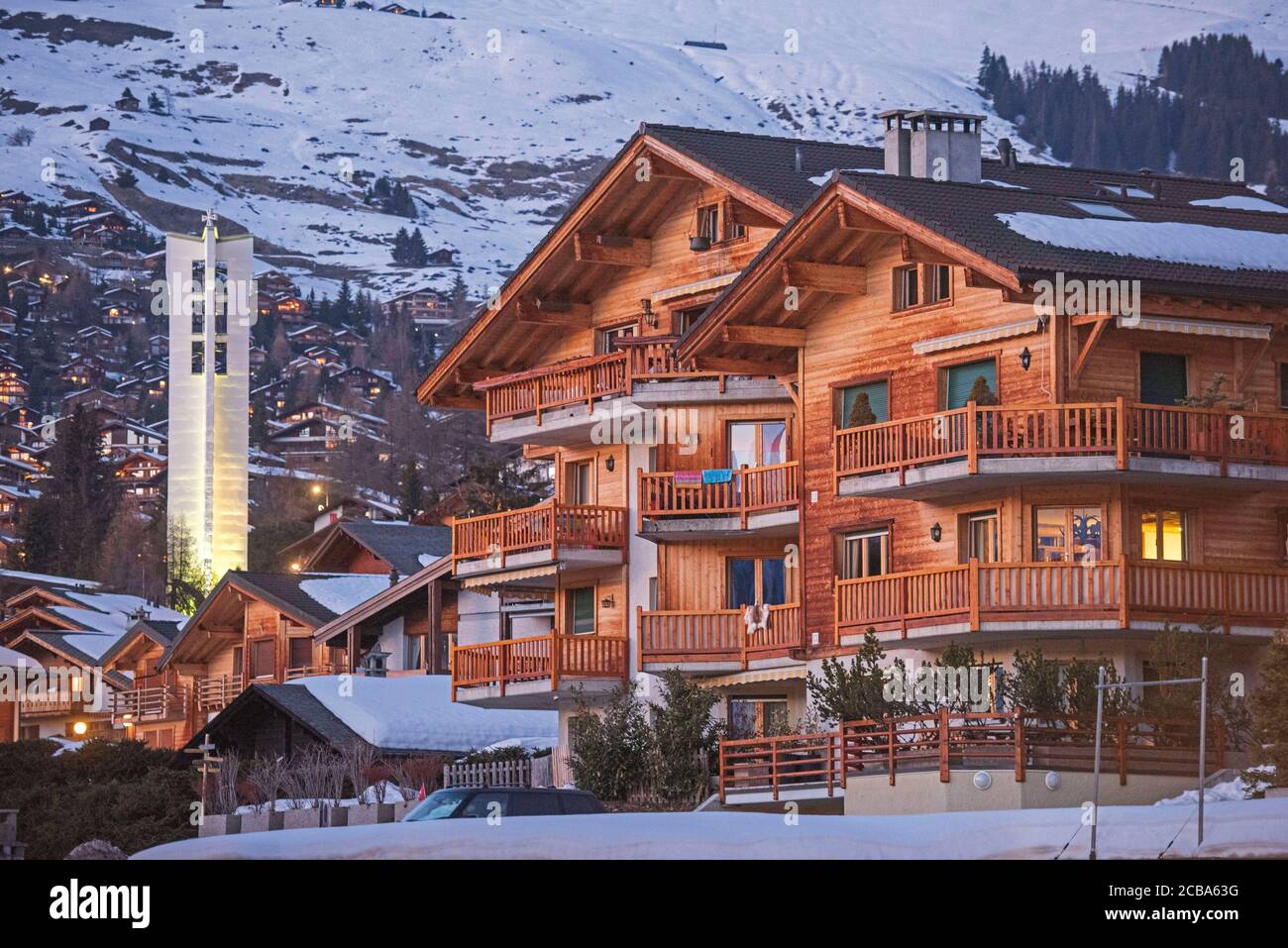 Night in the shopping centre of the ski resort of Verbier located in south-western Switzerland in the canton of Valais. Stock Photo