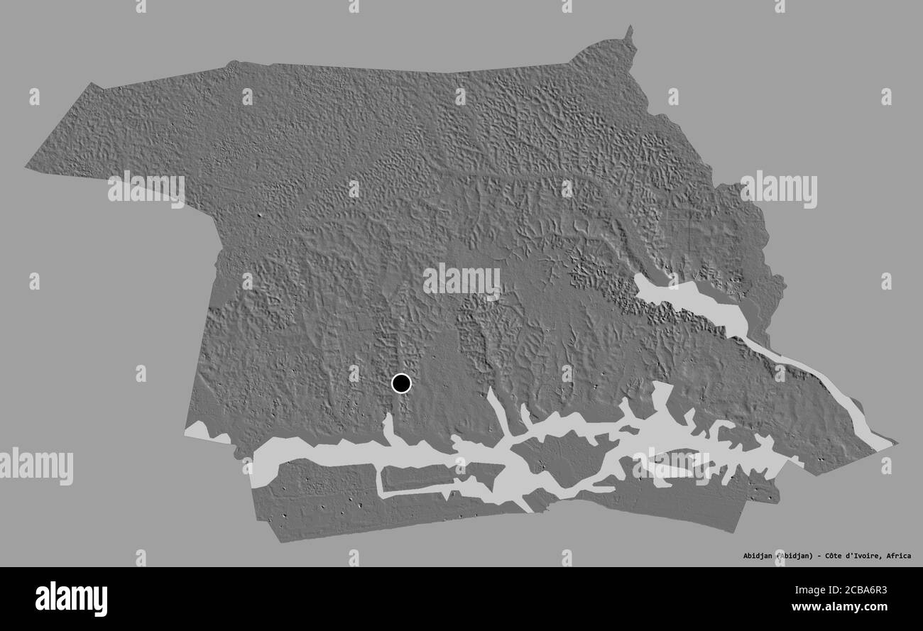 Shape of Abidjan, autonomous district of Côte d'Ivoire, with its capital isolated on a solid color background. Bilevel elevation map. 3D rendering Stock Photo