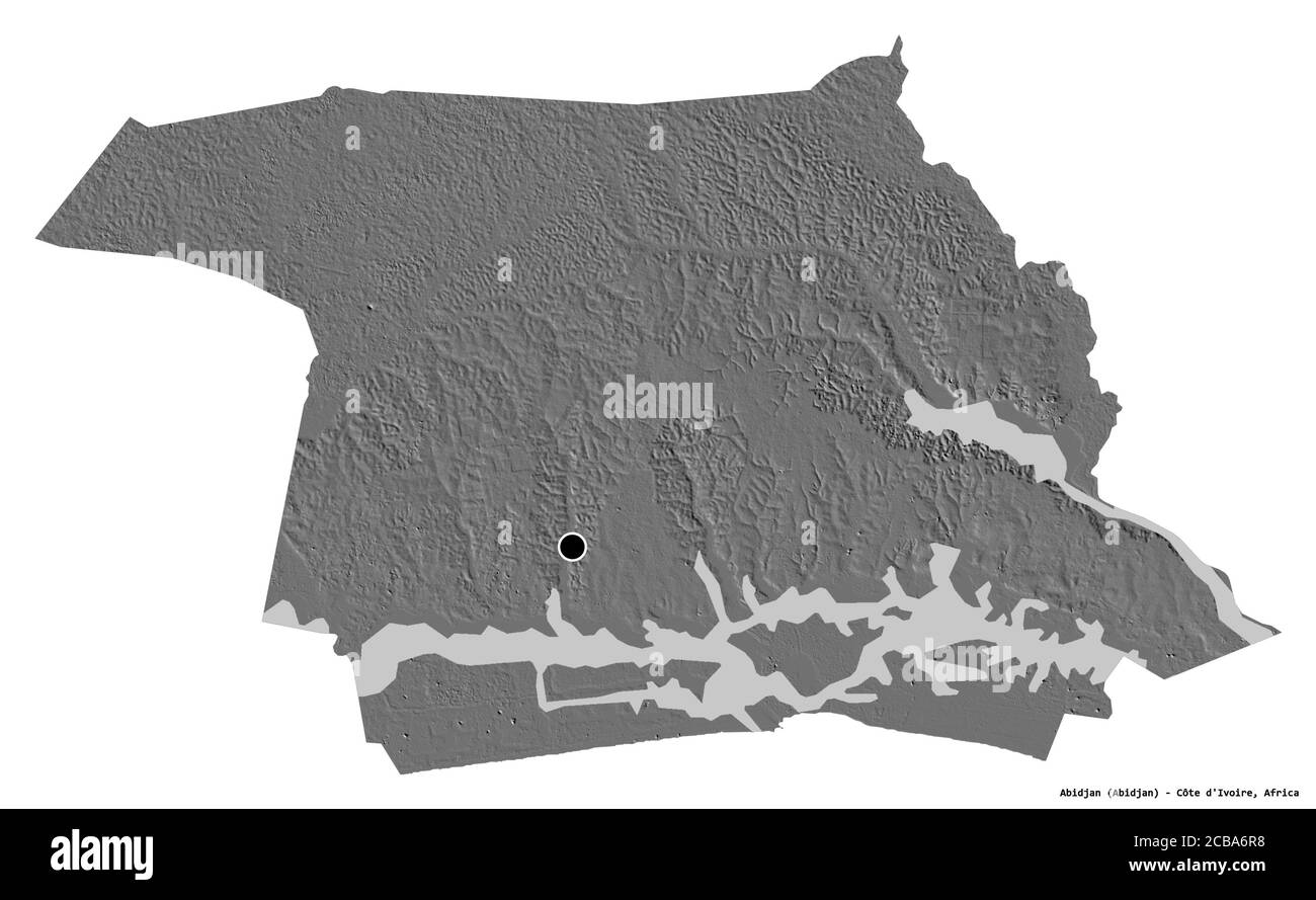 Shape of Abidjan, autonomous district of Côte d'Ivoire, with its capital isolated on white background. Bilevel elevation map. 3D rendering Stock Photo
