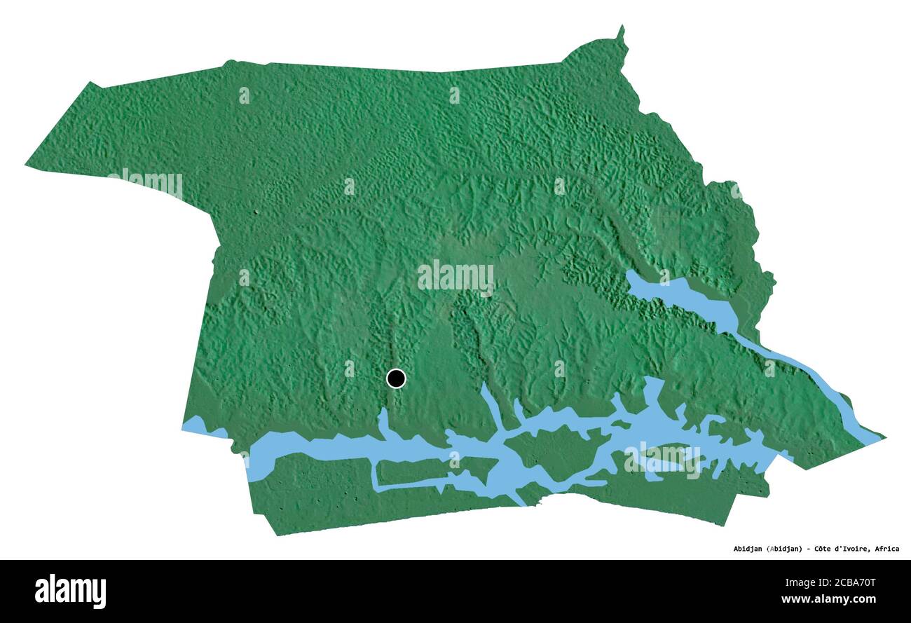 Shape of Abidjan, autonomous district of Côte d'Ivoire, with its capital isolated on white background. Topographic relief map. 3D rendering Stock Photo