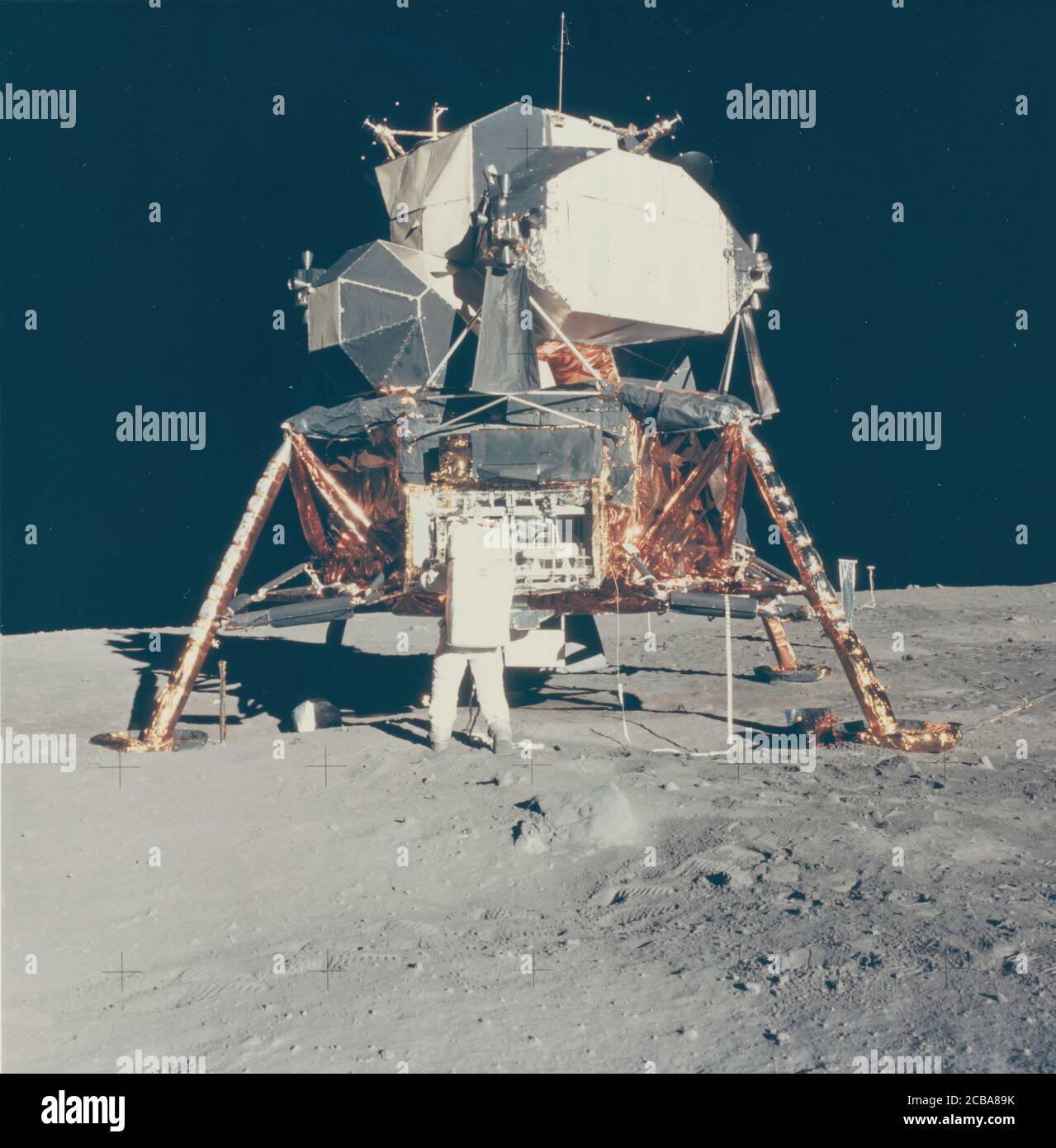 Buzz Aldrin with Apollo 11 Lunar Module on the Moon, 1969. Stock Photo