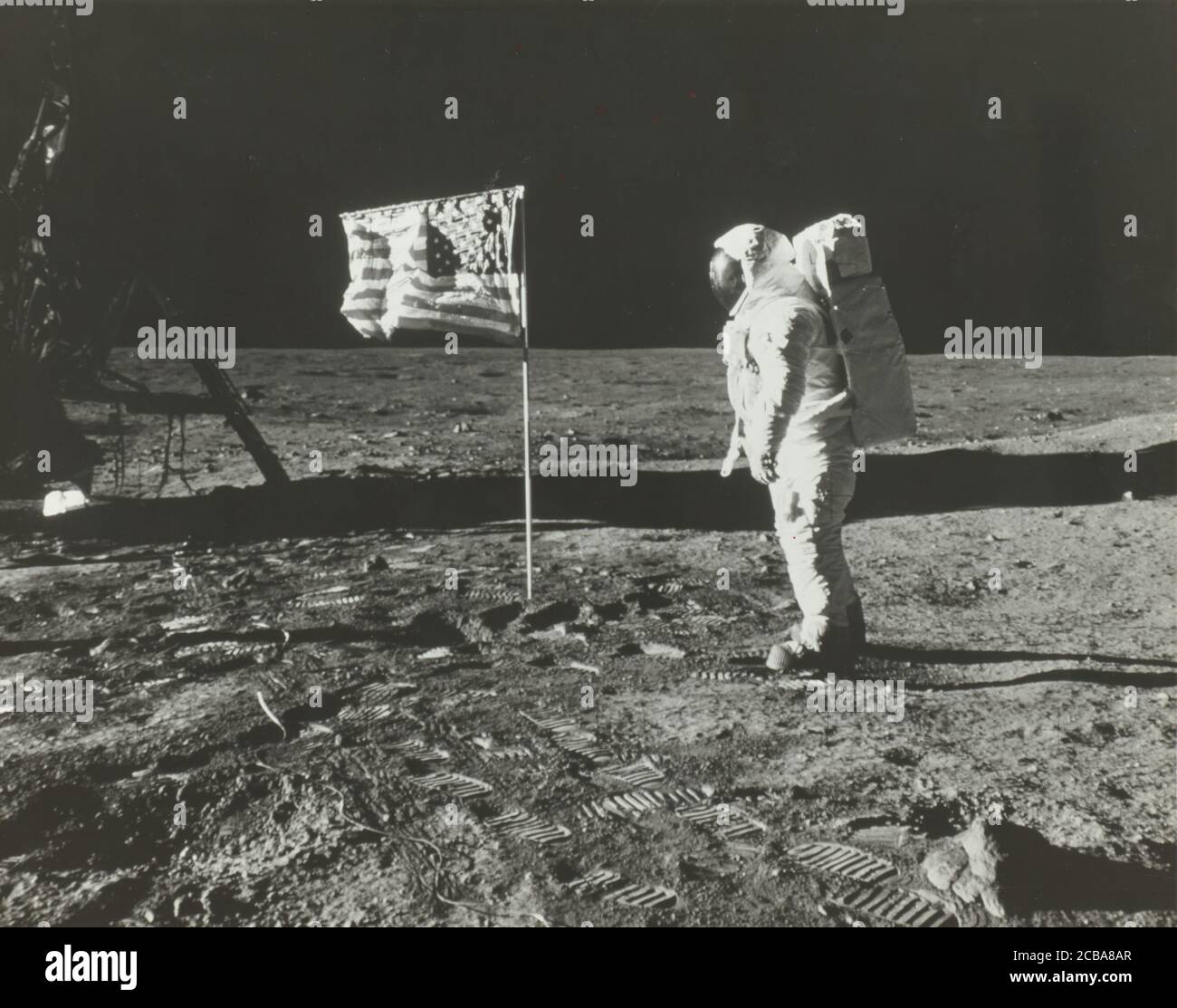 Buzz Aldrin on the Moon with the American Flag, 1969. Stock Photo