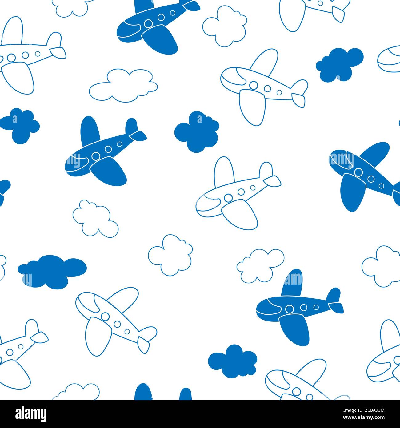 Vector seamless pattern with cartoon planes and clouds for texture, textiles and simple backgrounds. Stock Vector