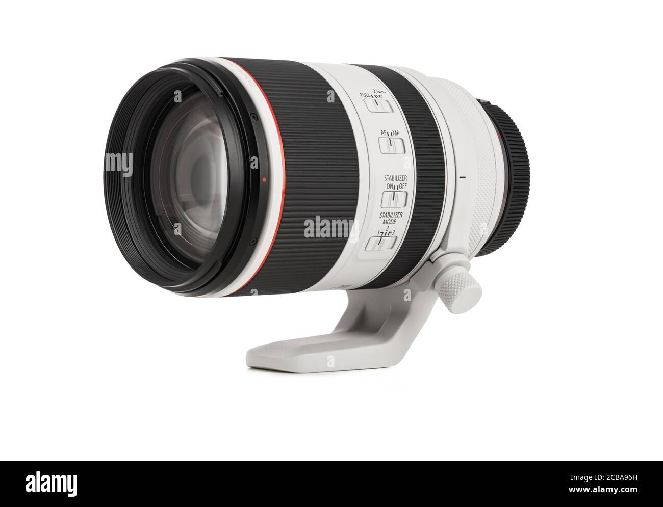 Varna, Bulgaria - August 05,2020: Image of  Canon RF 70-200mm f 2.8L IS USM Lens on a white background. Canon is the world largest SLR camera manufact Stock Photo