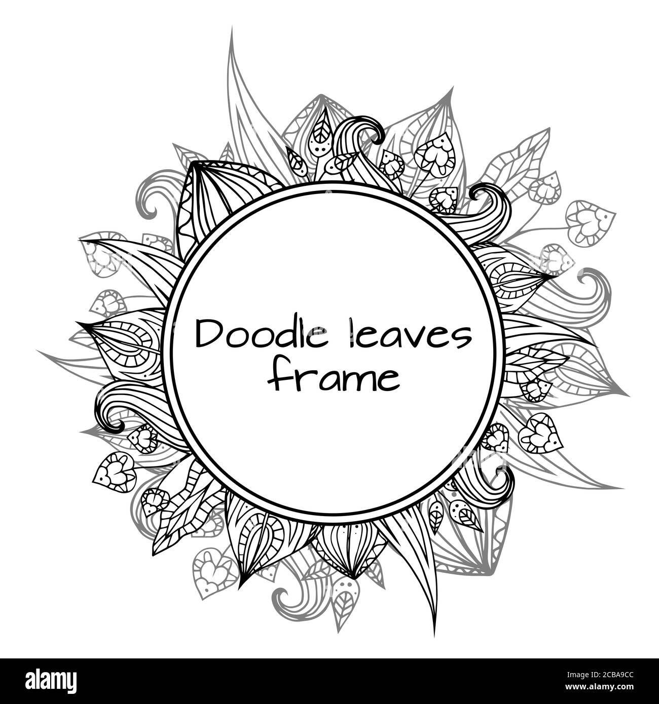 Round frame of black and white doodle leaves with zentangle pattern