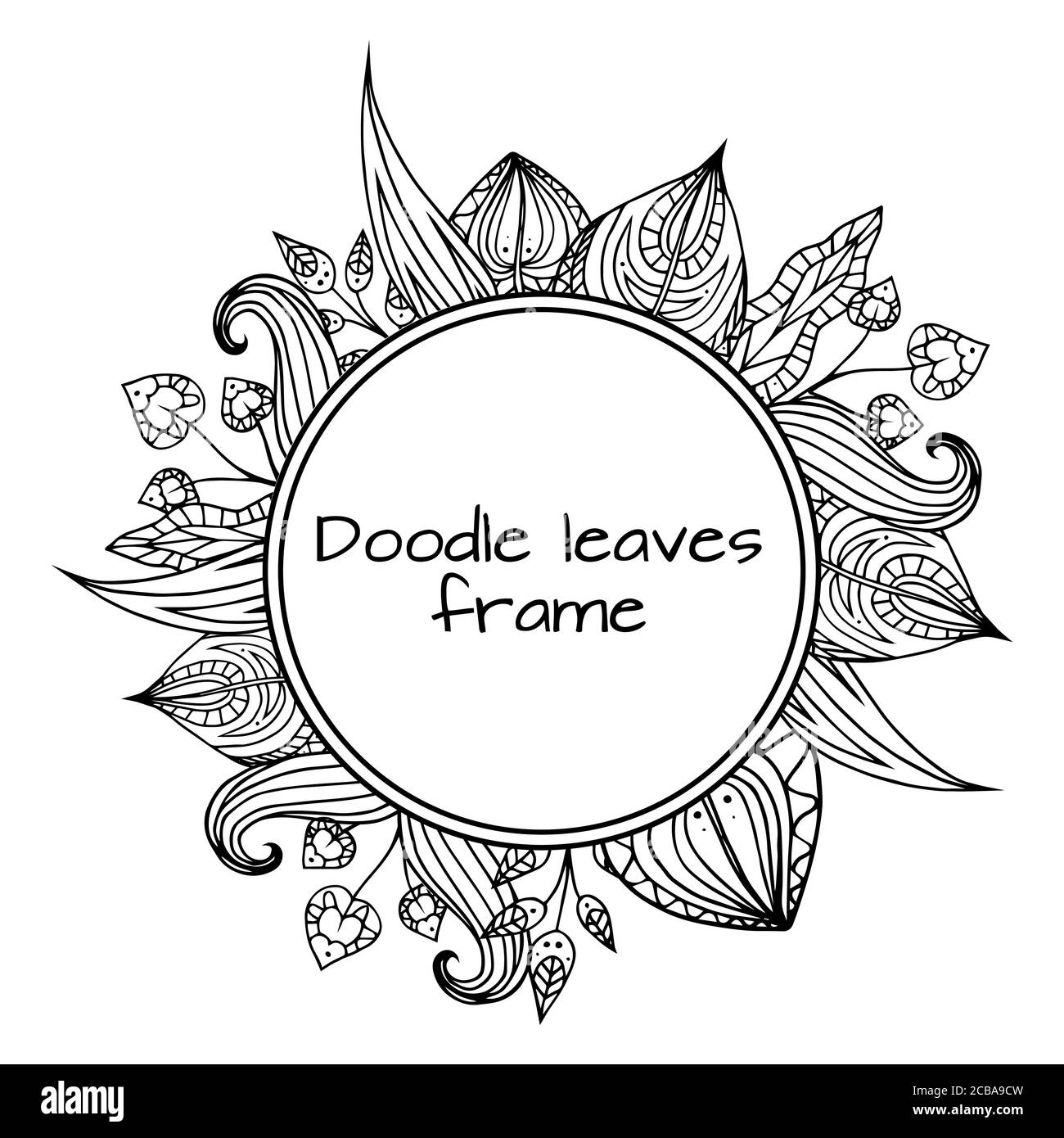 Round frame of black and white doodle leaves with zentangle pattern ...