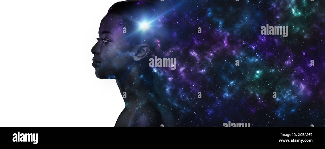Black woman profile with space background, panorama Stock Photo