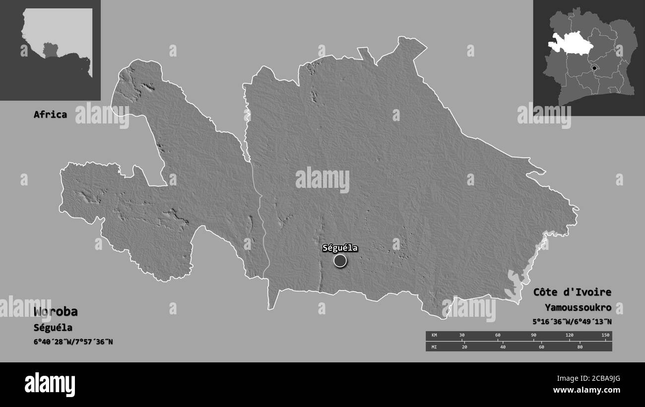 Shape of Woroba, district of Côte d'Ivoire, and its capital. Distance