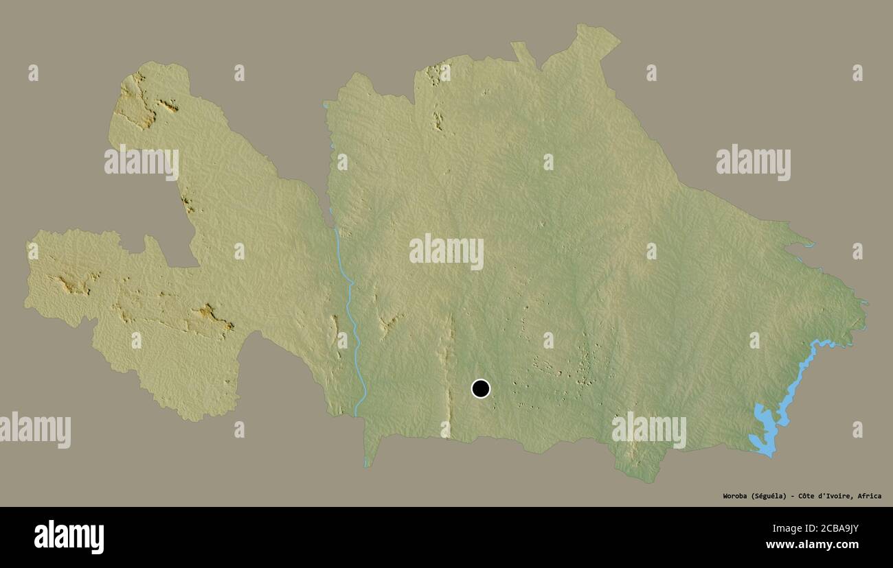 Shape of Woroba, district of Côte d'Ivoire, with its capital isolated