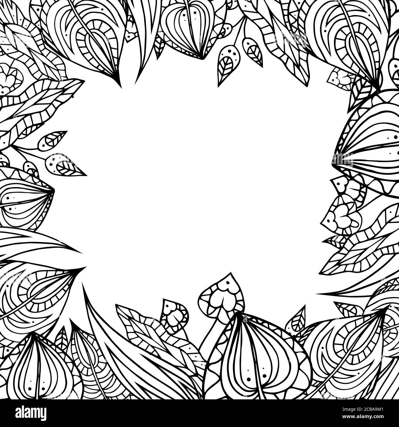Frame of black and white doodle leaves with zentangle pattern. Vector ...
