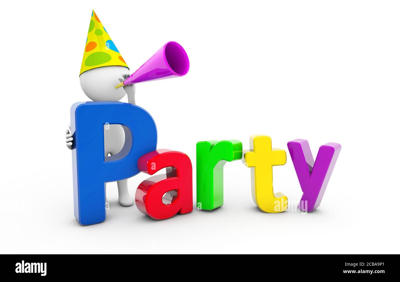 Human figure standing near a word Party with colorful letters on a