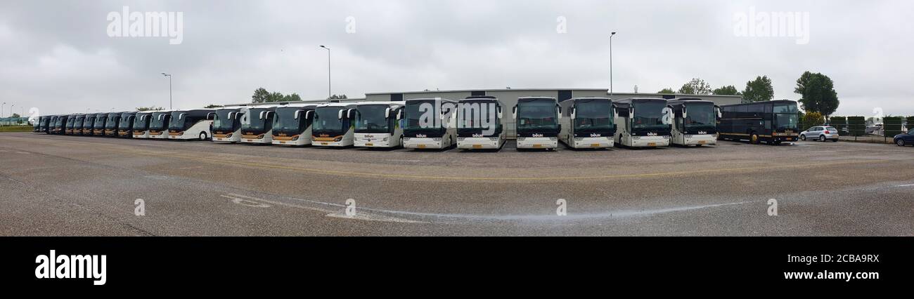 many empty tour busses parking on a parking lot during Corona logdown, Netherlands Stock Photo